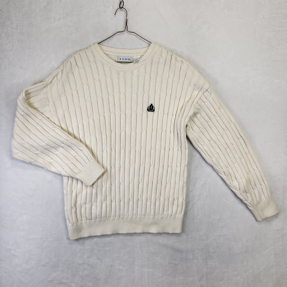 Vintage IZOD Mens L Cream Cable Knit Sweater Made USA Preppy Classic Crewneck